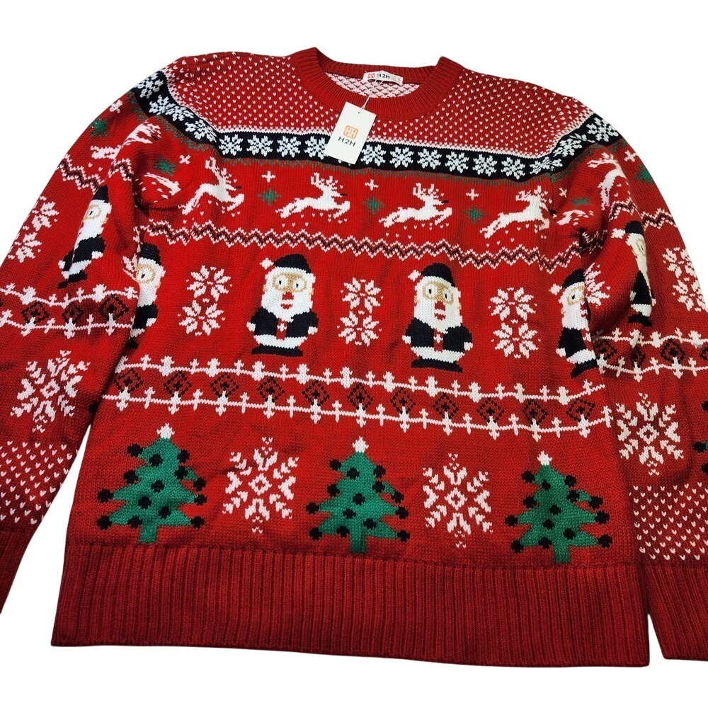 H2H Christmas Sweater Mens Large Red Santa Reindeer Snowflake Festive Knit